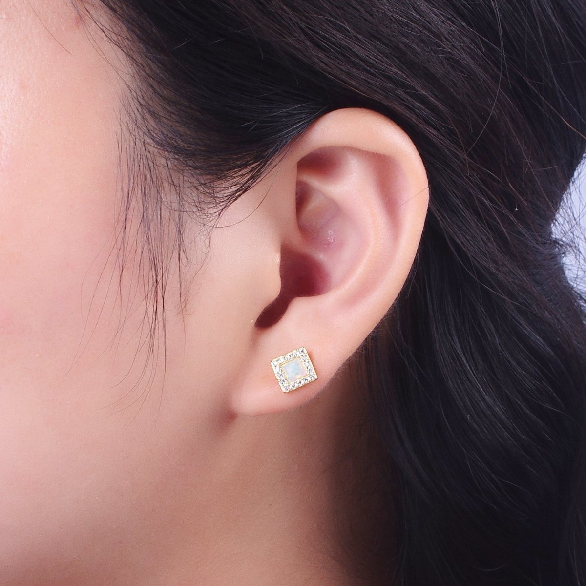 14K Gold plated White Opal Micro Paved CZ Square Stud Earrings | Y-090 - DLUXCA