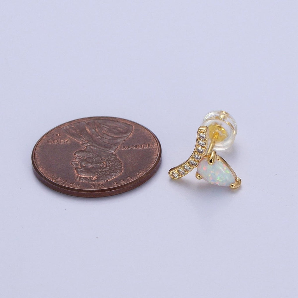 14K Gold plated White Opal Teardrop Micro Paved CZ Mini Stud Earrings | Y-089 - DLUXCA