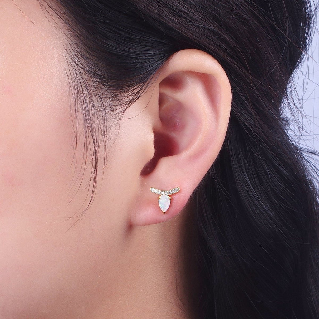 14K Gold plated White Opal Teardrop Micro Paved CZ Mini Stud Earrings | Y-089 - DLUXCA