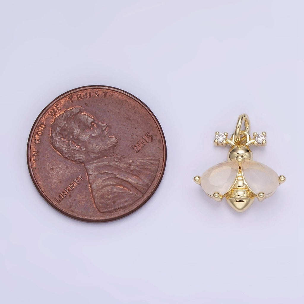 14K Gold plated White, Orange CZ Bumble Queen Bee Insect Animal Charm | AG730