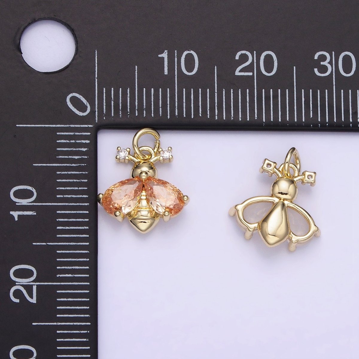 14K Gold plated White, Orange CZ Bumble Queen Bee Insect Animal Charm | AG730