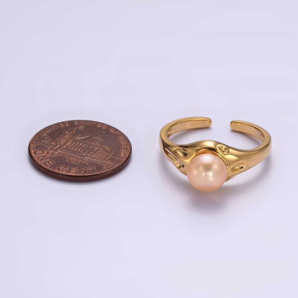 14K Gold plated White, Pink Pearl Dented Signet Ring in Gold & Silver | O660 - O663