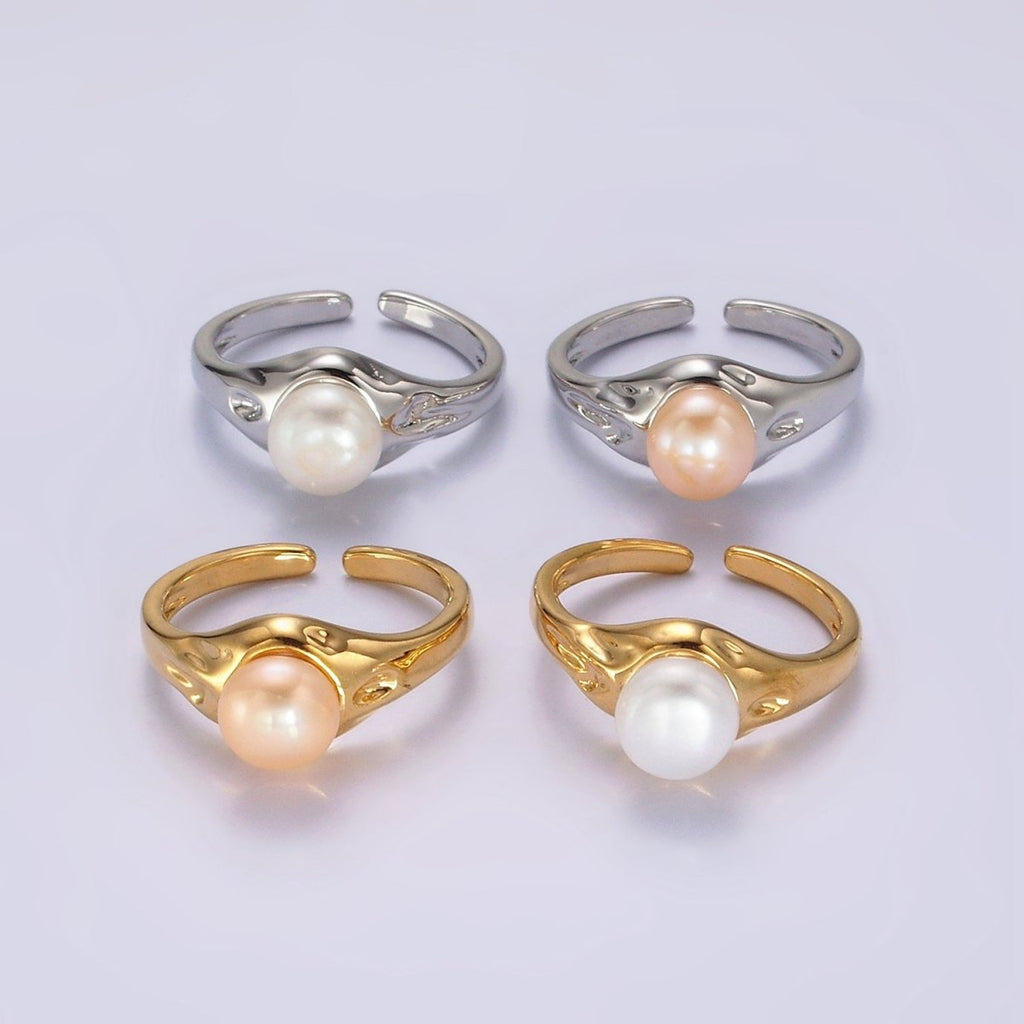 14K Gold plated White, Pink Pearl Dented Signet Ring in Gold & Silver | O660 - O663
