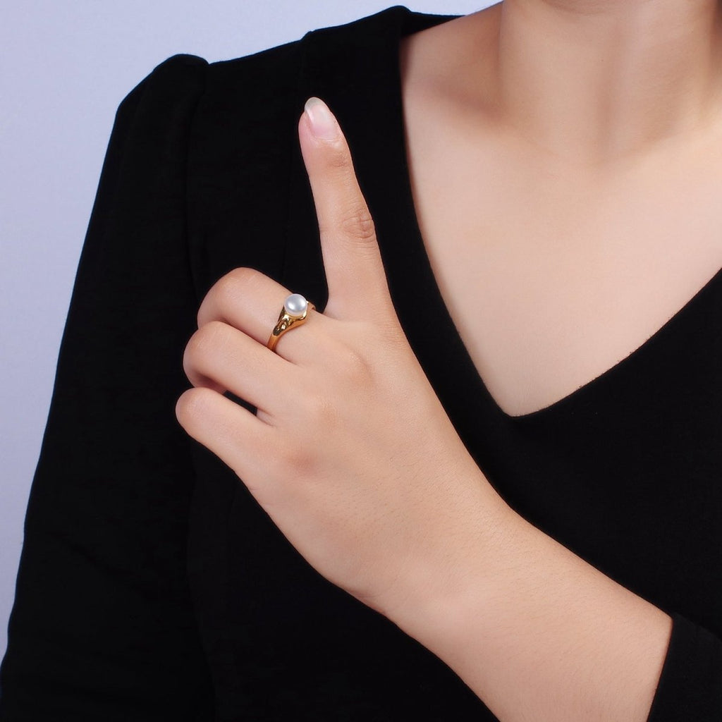 14K Gold plated White, Pink Pearl Dented Signet Ring in Gold & Silver | O660 - O663