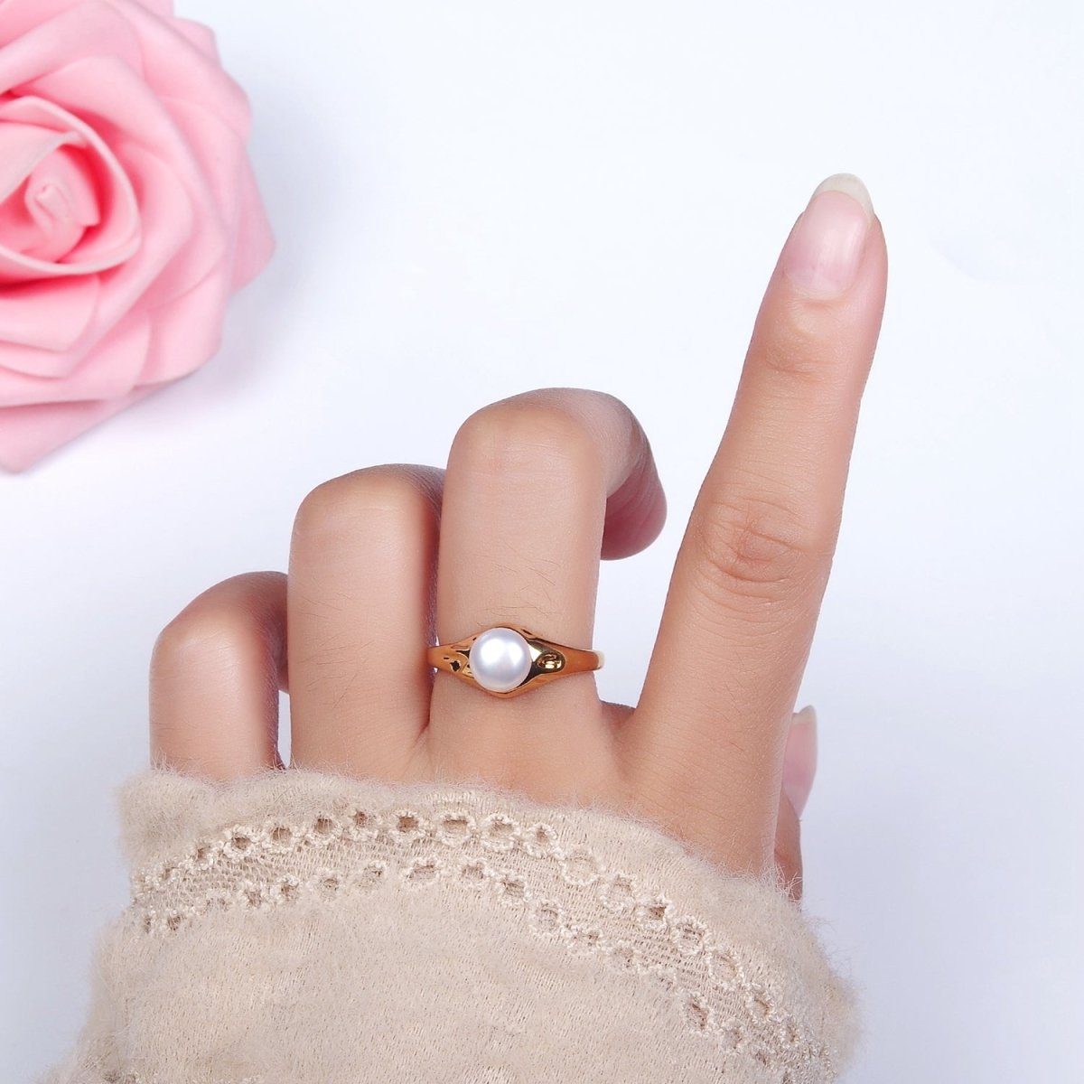 14K Gold plated White, Pink Pearl Dented Signet Ring in Gold & Silver | O660 - O663