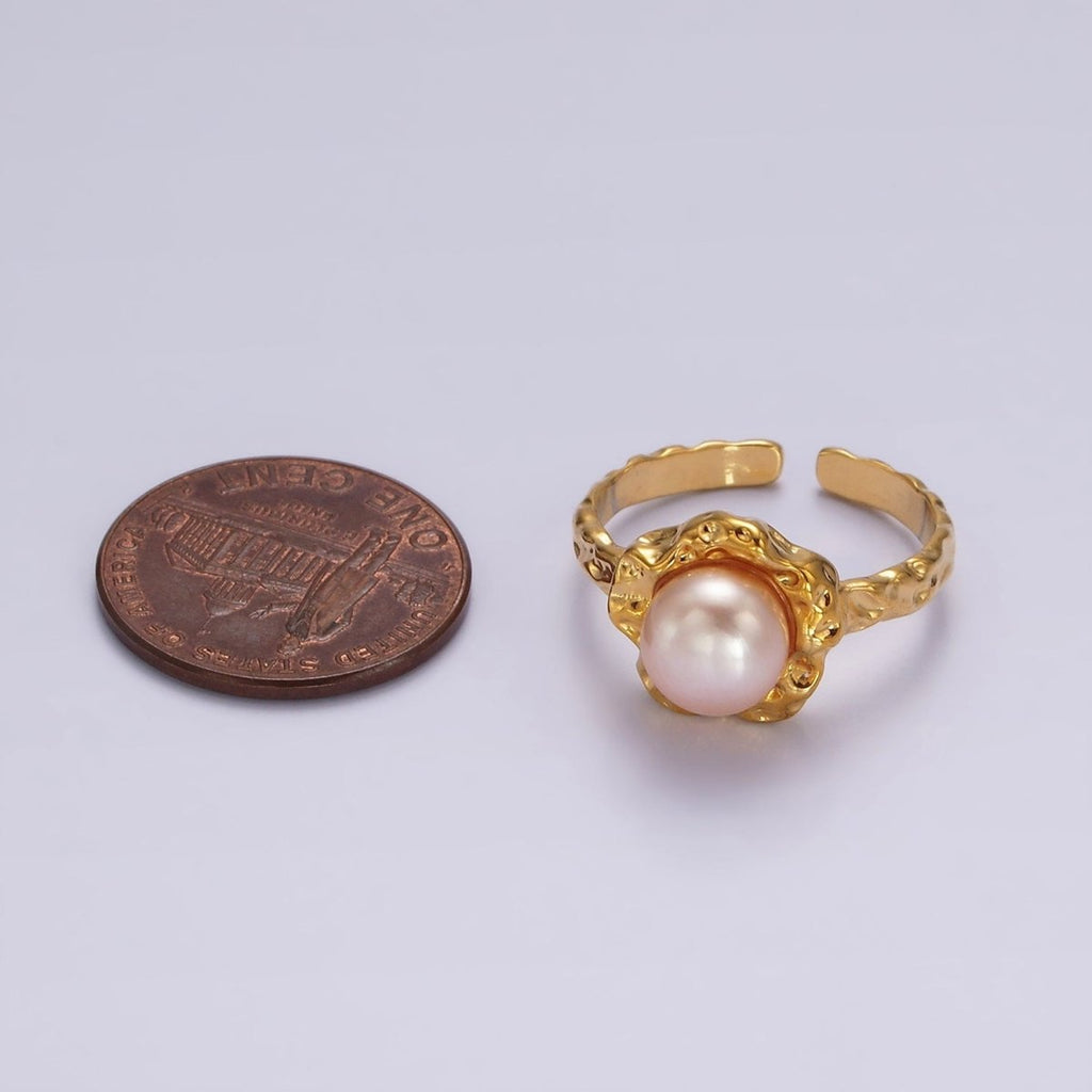 14K Gold plated White, Pink Pearl Molten Hammered Ring in Gold 7 Silver | O1876 - O1879