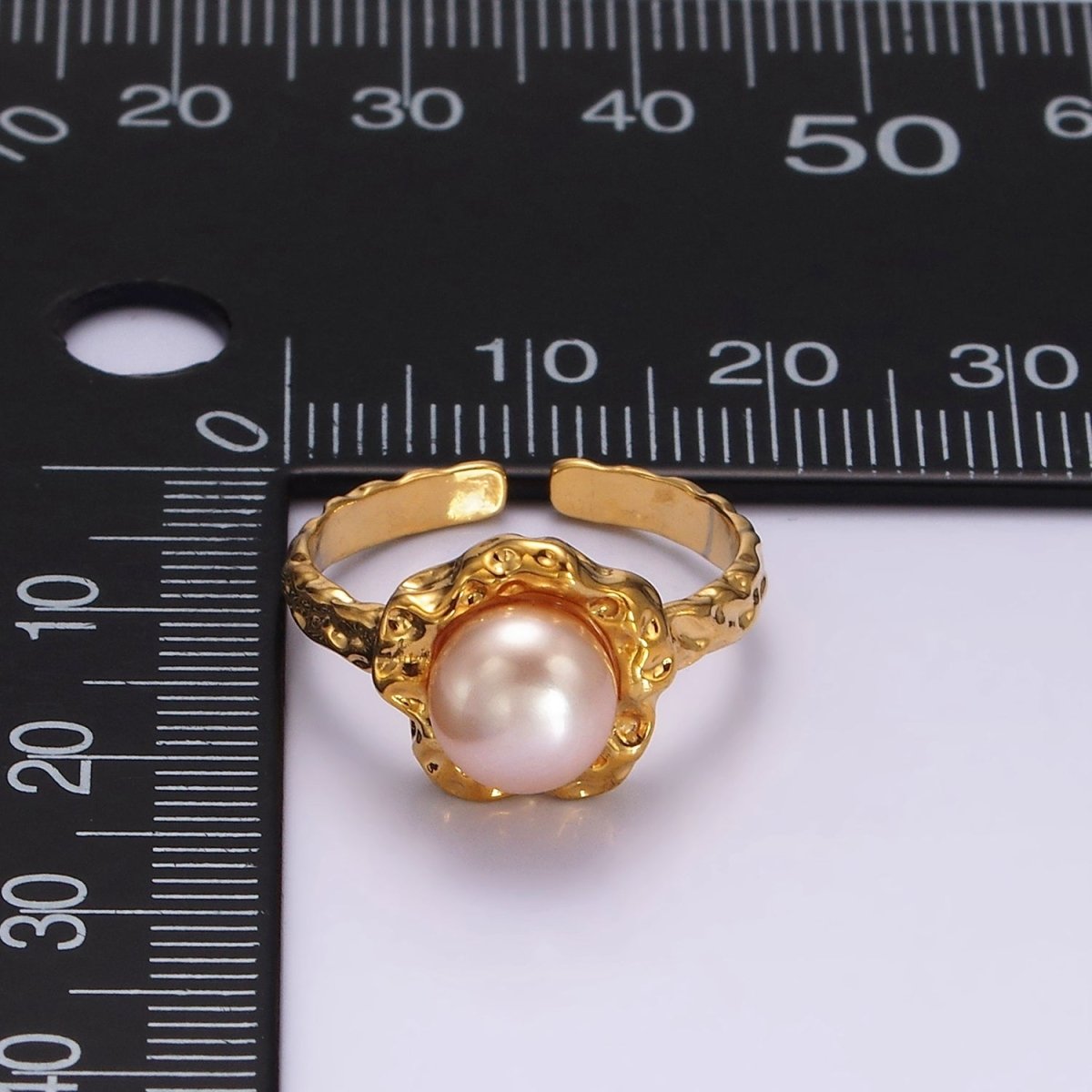 14K Gold plated White, Pink Pearl Molten Hammered Ring in Gold 7 Silver | O1876 - O1879