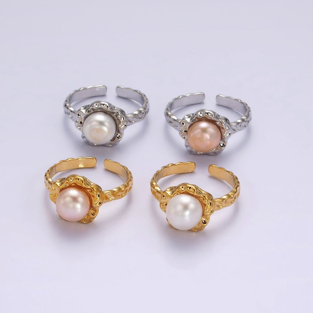 14K Gold plated White, Pink Pearl Molten Hammered Ring in Gold 7 Silver | O1876 - O1879