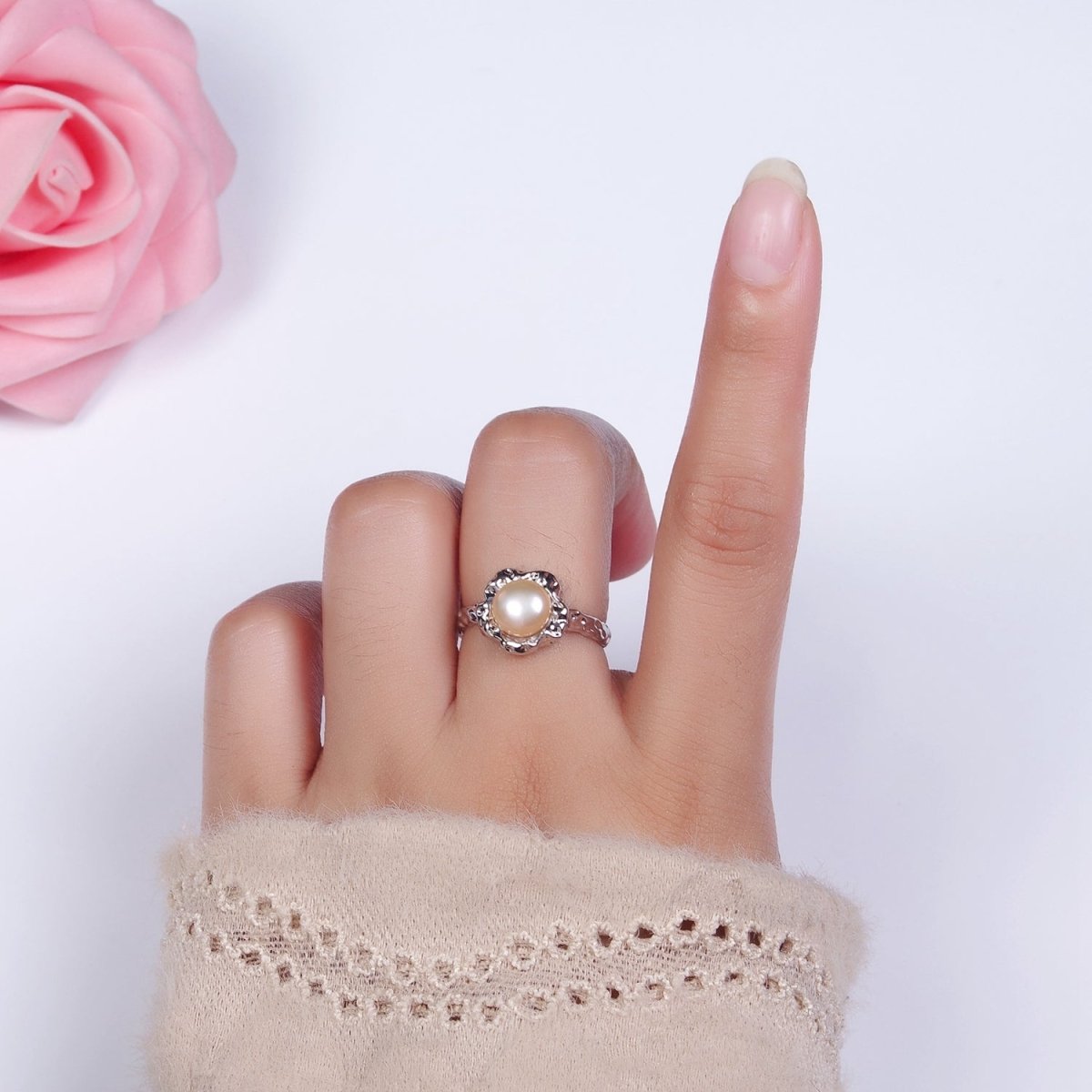 14K Gold plated White, Pink Pearl Molten Hammered Ring in Gold 7 Silver | O1876 - O1879