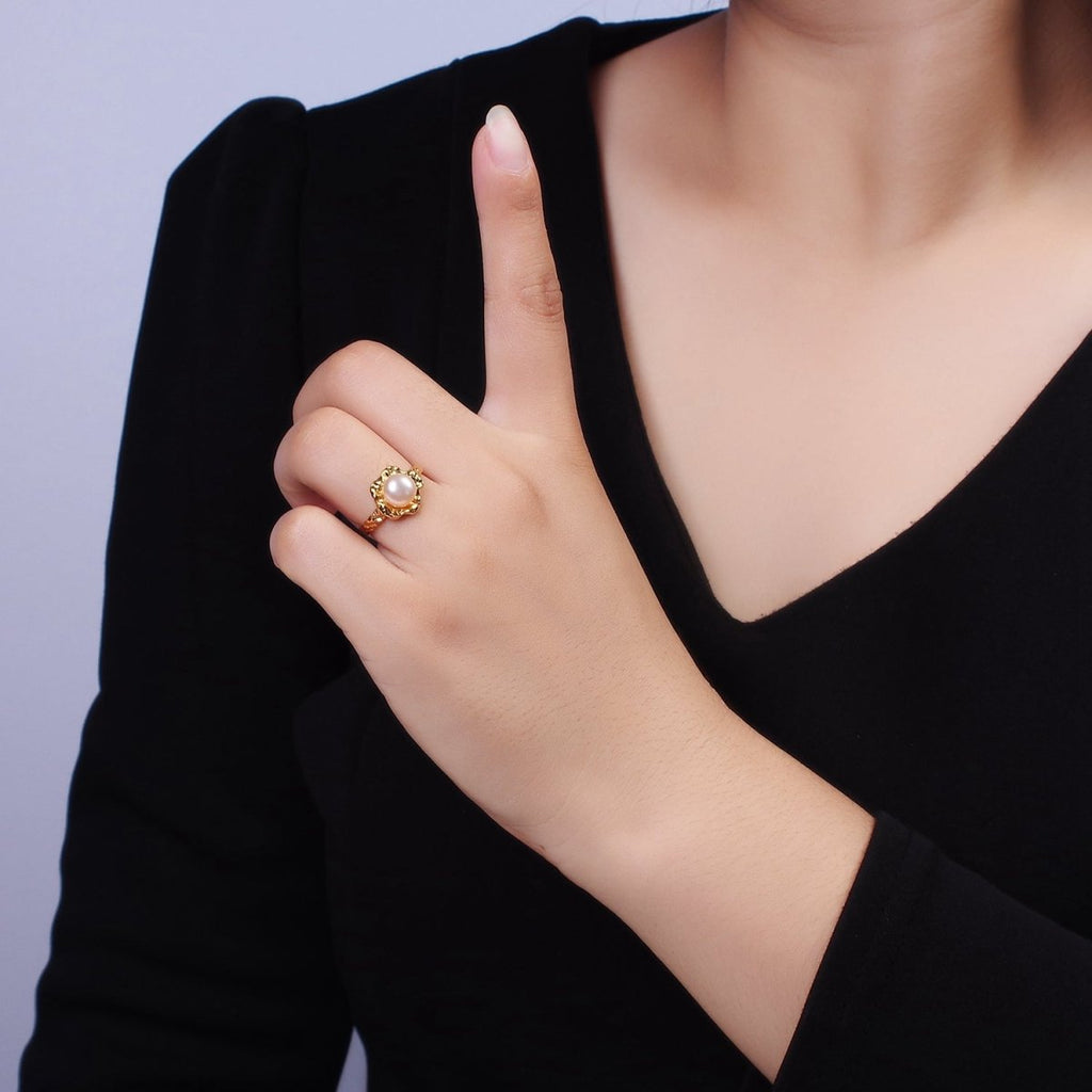 14K Gold plated White, Pink Pearl Molten Hammered Ring in Gold 7 Silver | O1876 - O1879