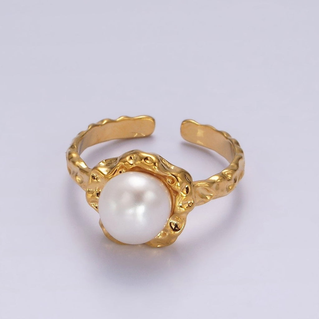 14K Gold plated White, Pink Pearl Molten Hammered Ring in Gold 7 Silver | O1876 - O1879