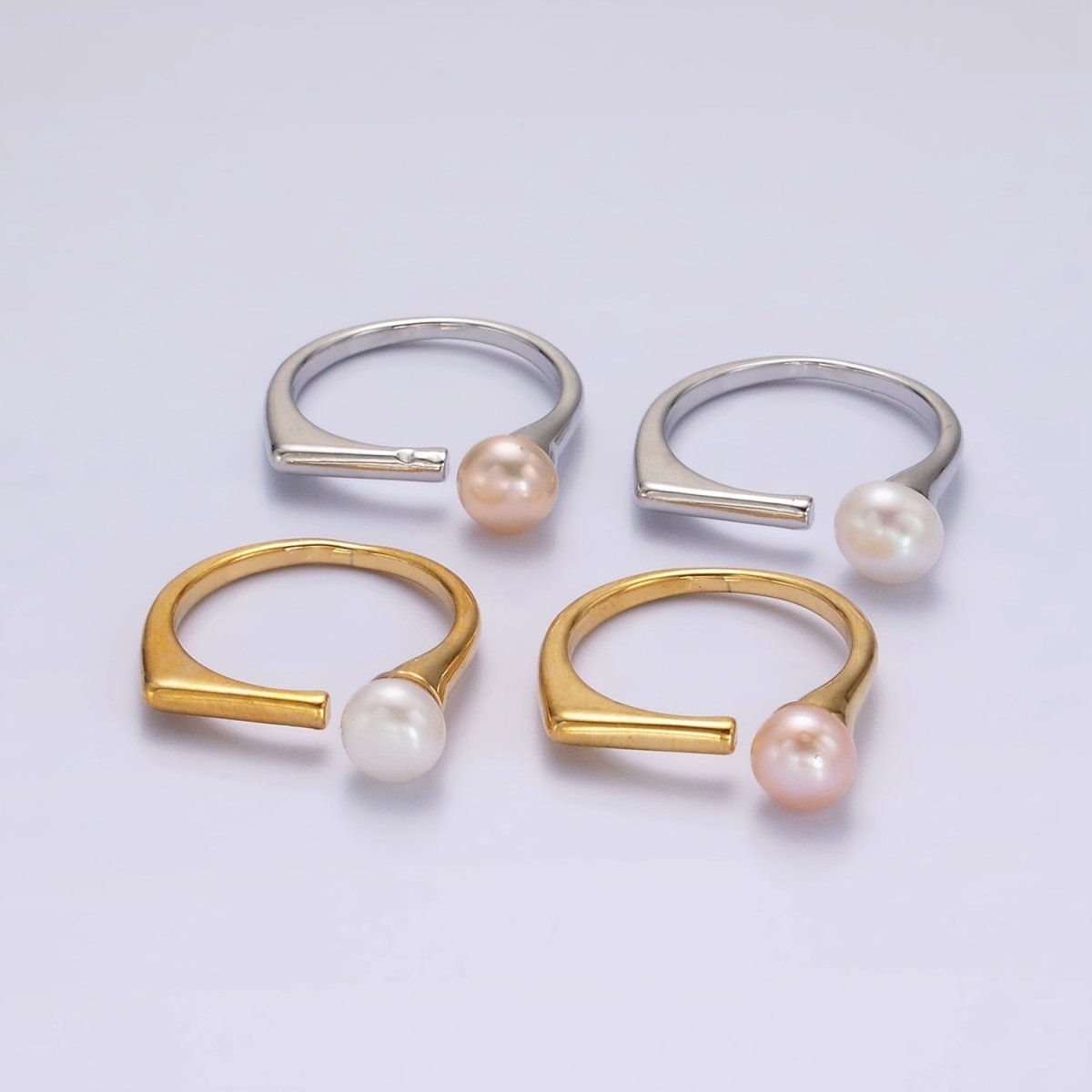 14K Gold plated White, Pink Pearl Open Wrap Flat Signet Ring in Gold & Silver | O648 - O651