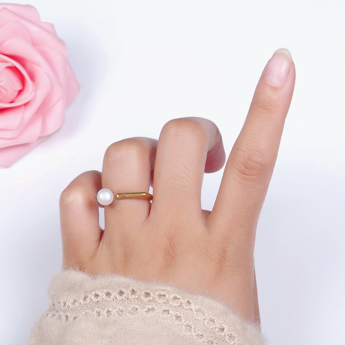 14K Gold plated White, Pink Pearl Open Wrap Flat Signet Ring in Gold & Silver | O648 - O651