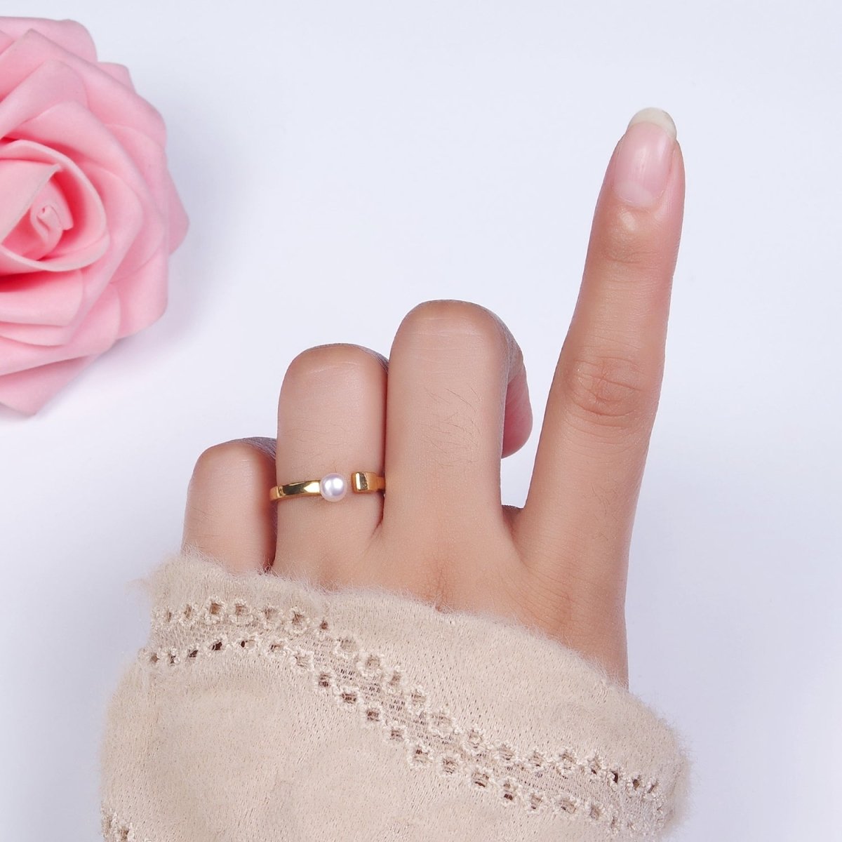 14K Gold plated White, Pink Pearl Rectangular Open Claw Ring in Gold & Silver | O1880 - O1883