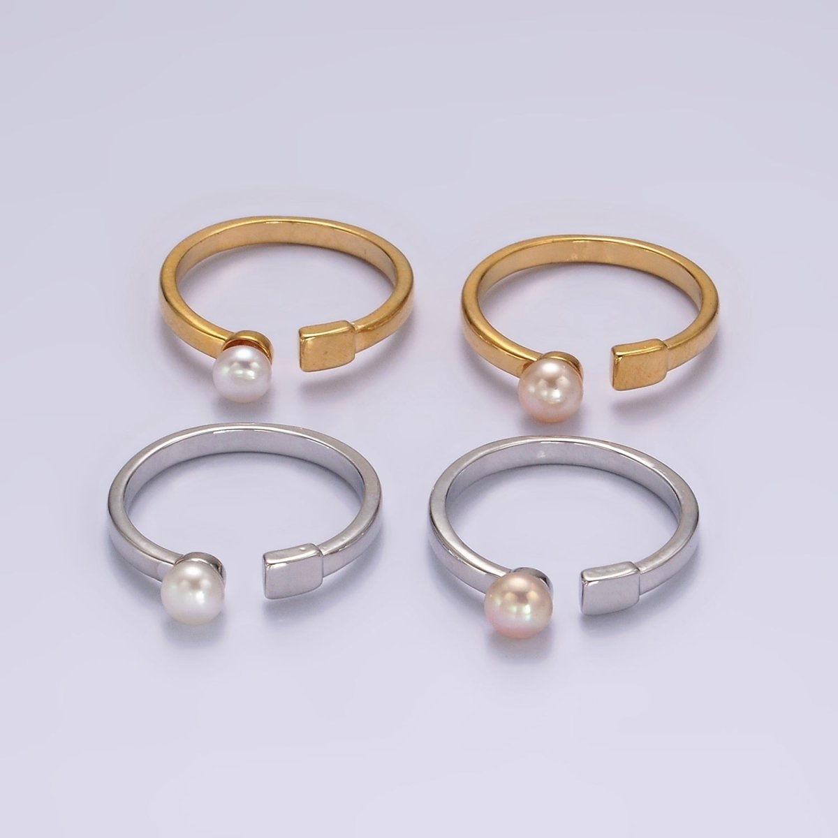 14K Gold plated White, Pink Pearl Rectangular Open Claw Ring in Gold & Silver | O1880 - O1883