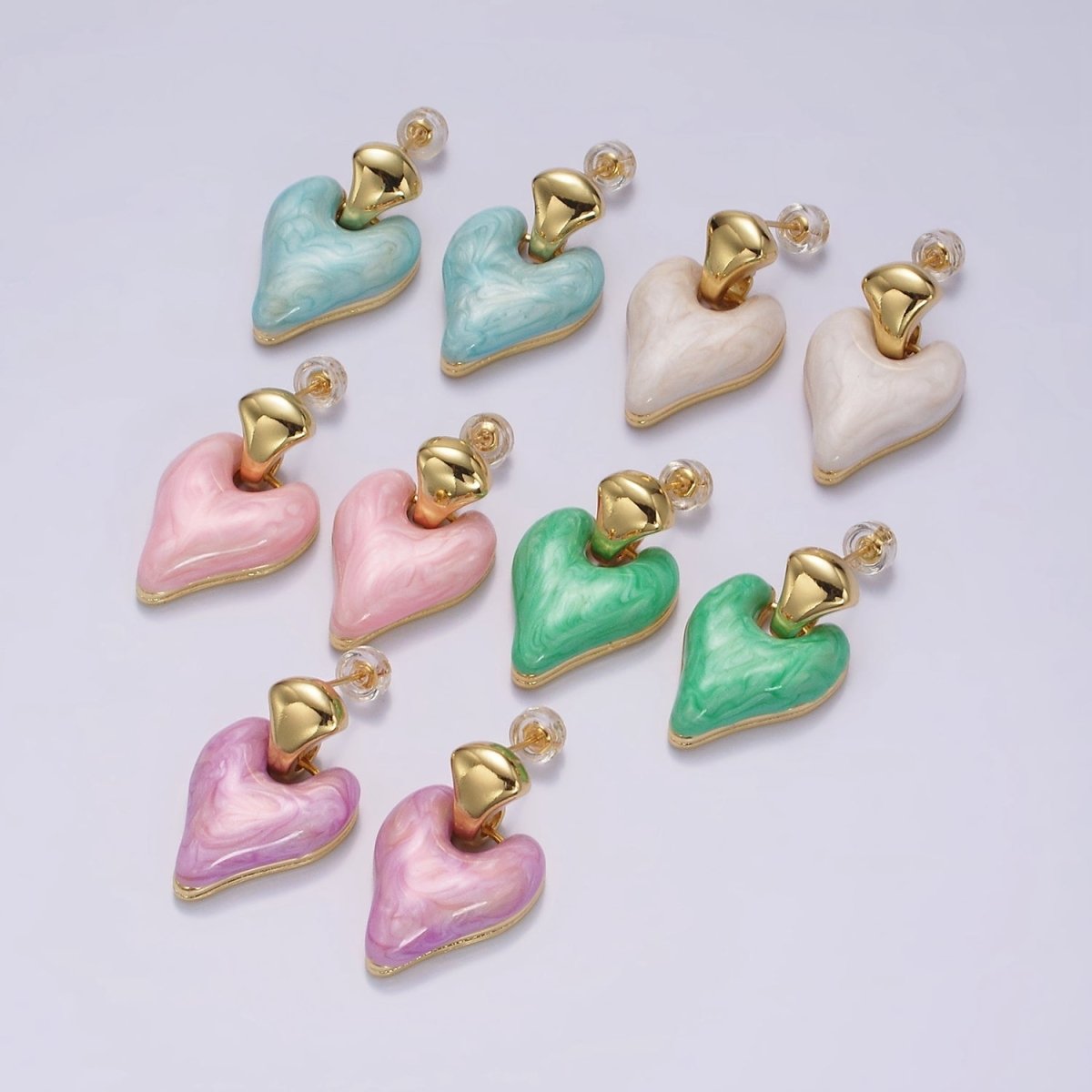 14K Gold plated White, Pink, Purple, Blue, Green Enamel Heart Drop Stud Earrings | V-241