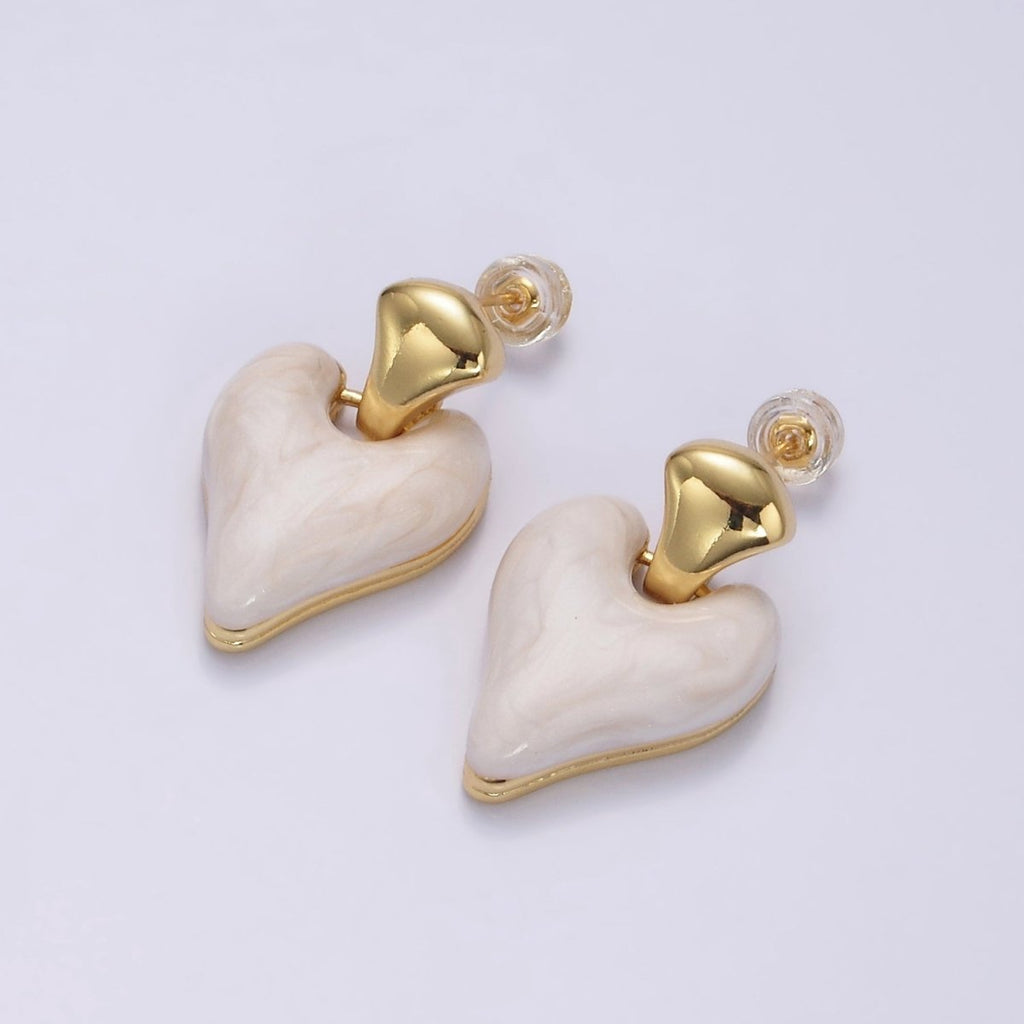14K Gold plated White, Pink, Purple, Blue, Green Enamel Heart Drop Stud Earrings | V-241