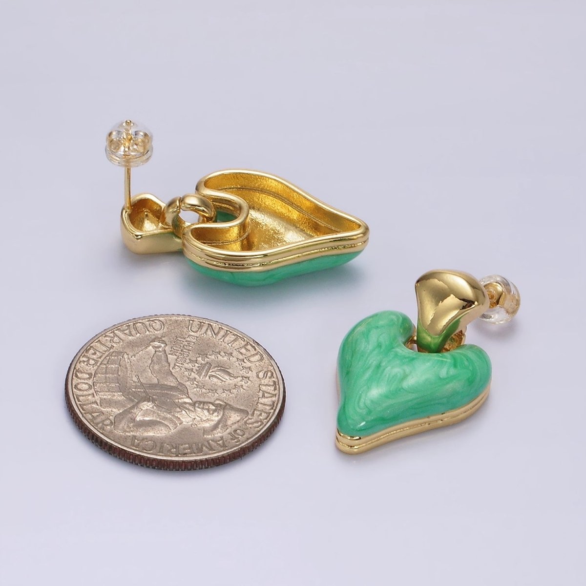 14K Gold plated White, Pink, Purple, Blue, Green Enamel Heart Drop Stud Earrings | V-241