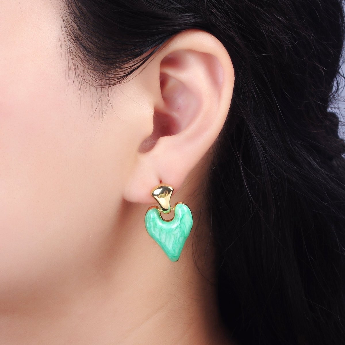 14K Gold plated White, Pink, Purple, Blue, Green Enamel Heart Drop Stud Earrings | V-241