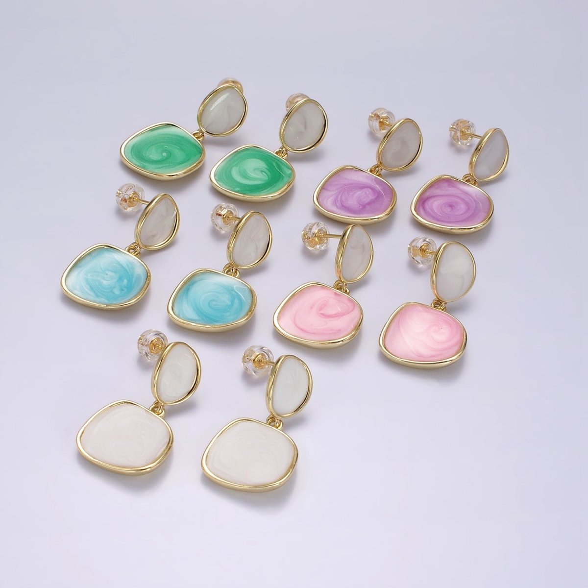 14K Gold plated White, Pink, Purple, Blue, Green Enamel Rounded Square Drop Stud Earrings | V-246 - V-250