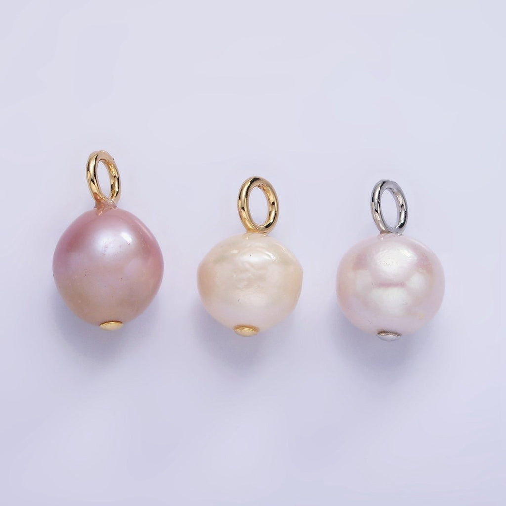 14K Gold plated White, Purple Freshwater Pearl Button Charm in Gold & Silver | P1690 P1691