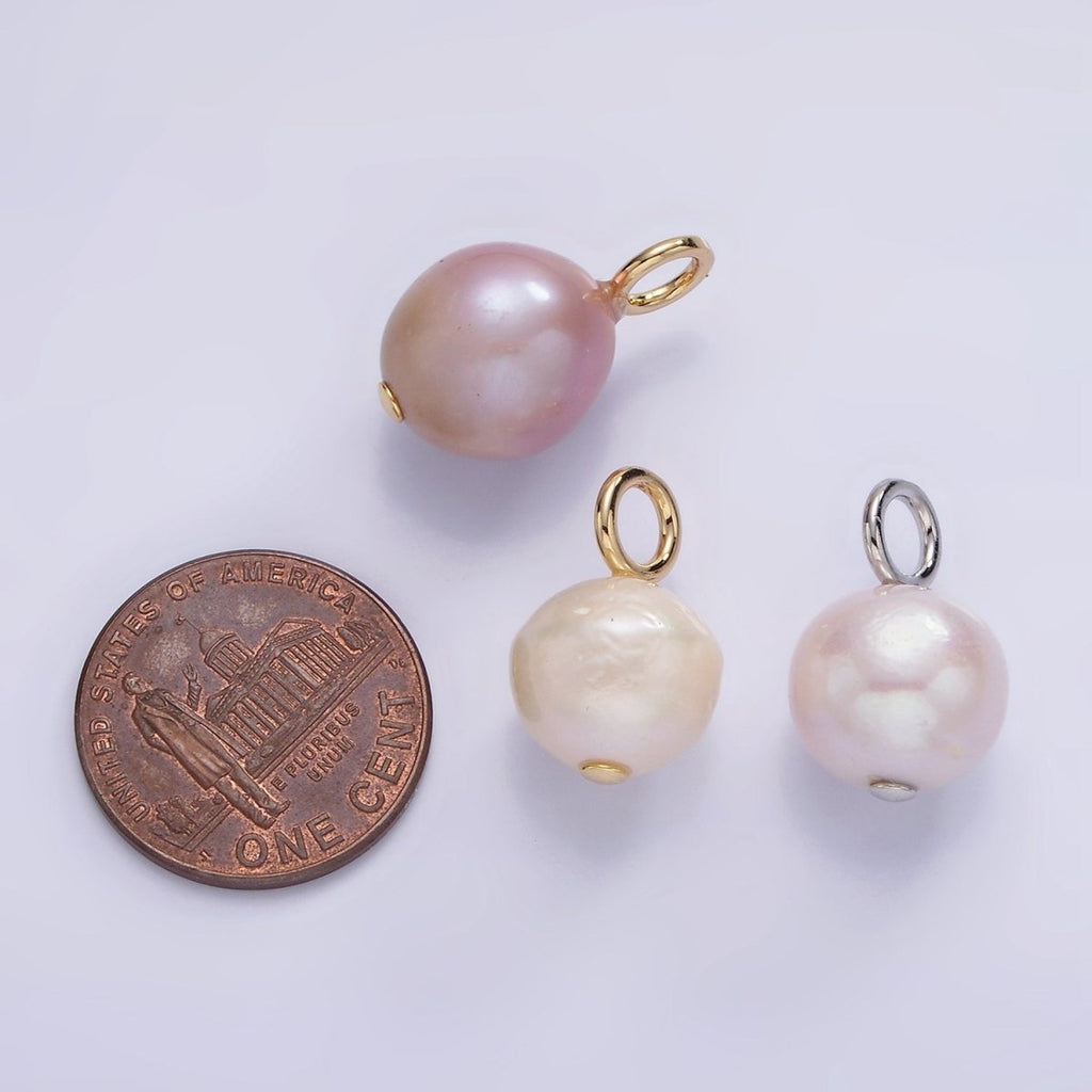 14K Gold plated White, Purple Freshwater Pearl Button Charm in Gold & Silver | P1690 P1691