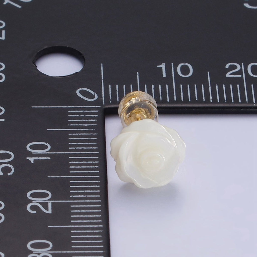 14K Gold plated White Rose Flower Bud Shell Pearl Stud Earrings | AB1133 - DLUXCA