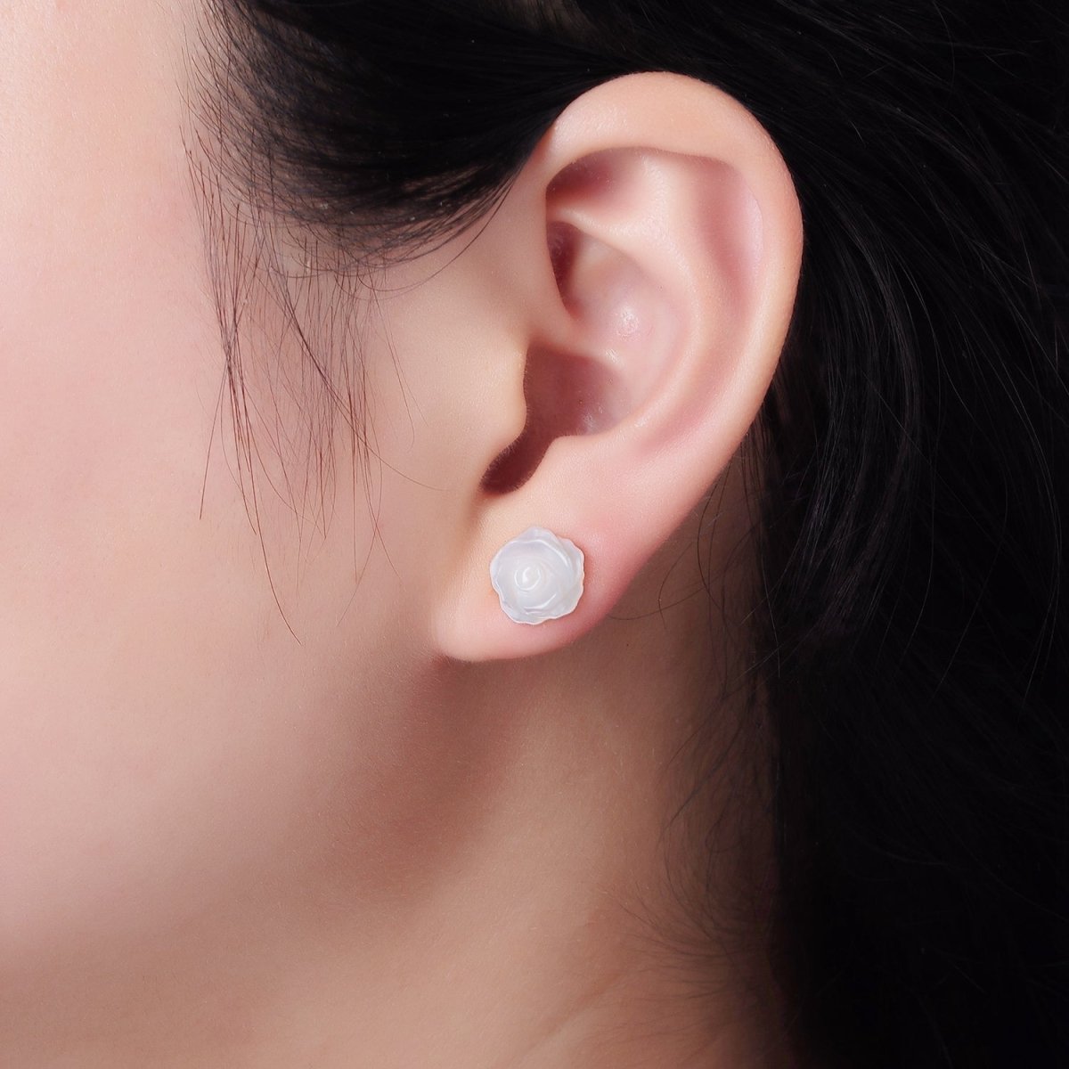 14K Gold plated White Rose Flower Bud Shell Pearl Stud Earrings | AB1133 - DLUXCA