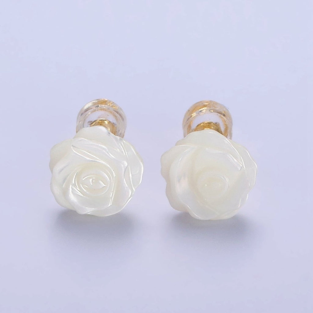 14K Gold plated White Rose Flower Bud Shell Pearl Stud Earrings | AB1133 - DLUXCA