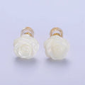 14K Gold plated White Rose Flower Bud Shell Pearl Stud Earrings | AB1133 - DLUXCA