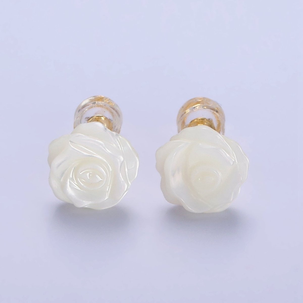 14K Gold plated White Rose Flower Bud Shell Pearl Stud Earrings | AB1133 - DLUXCA