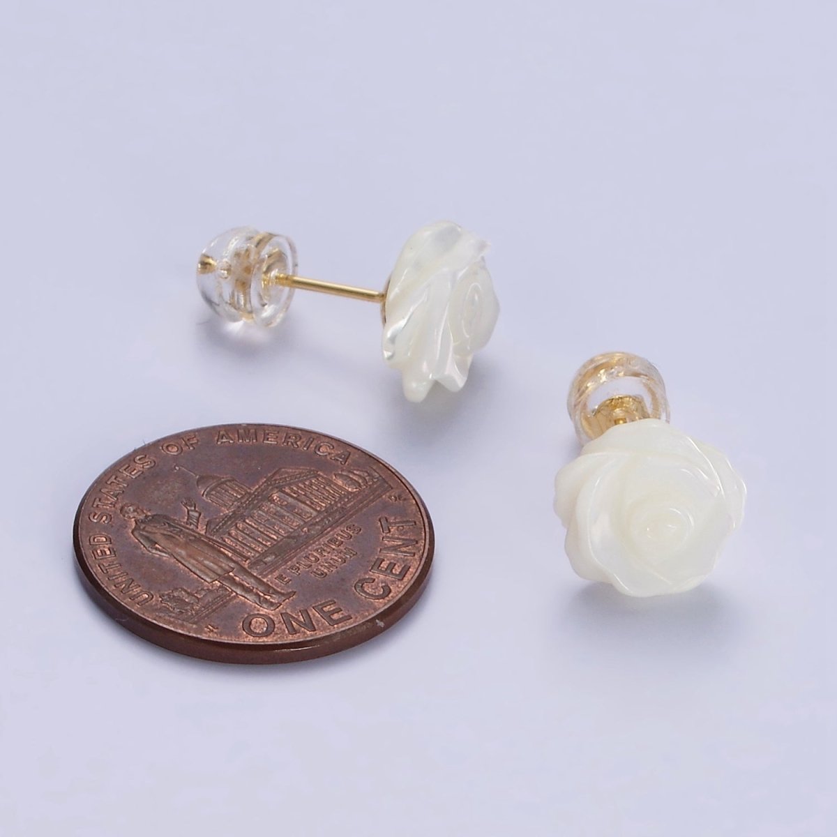 14K Gold plated White Rose Flower Bud Shell Pearl Stud Earrings | AB1133 - DLUXCA