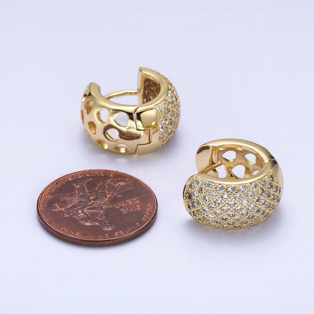 14K Gold plated Wide Clear Micro Paved 15mm Huggie Earrings | AD1535 - DLUXCA