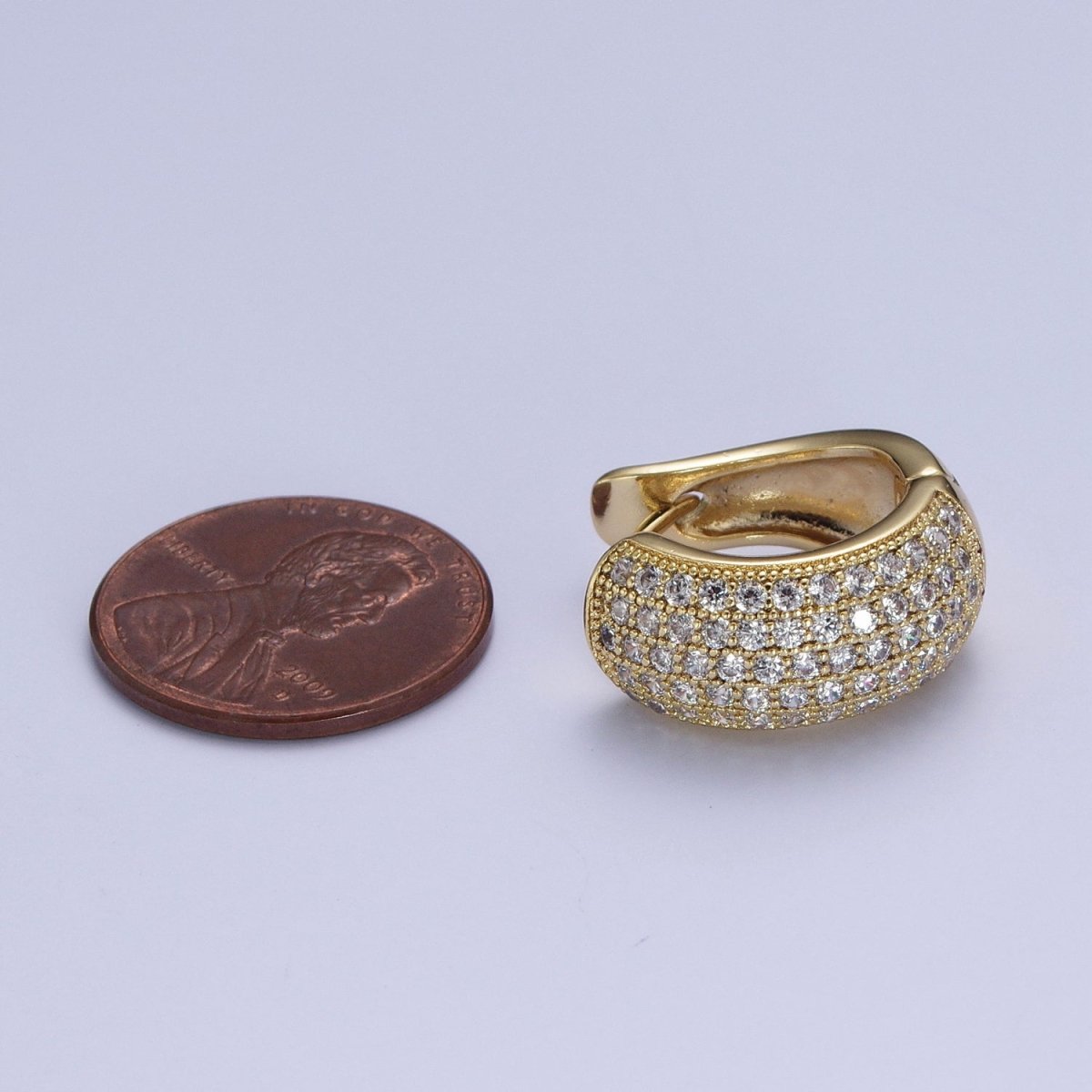 14K Gold plated Wide Micro Paved CZ Curved Huggie Hoop Earrings | AE1024 - DLUXCA