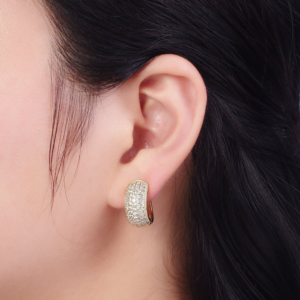 14K Gold plated Wide Micro Paved CZ Curved Huggie Hoop Earrings | AE1024 - DLUXCA
