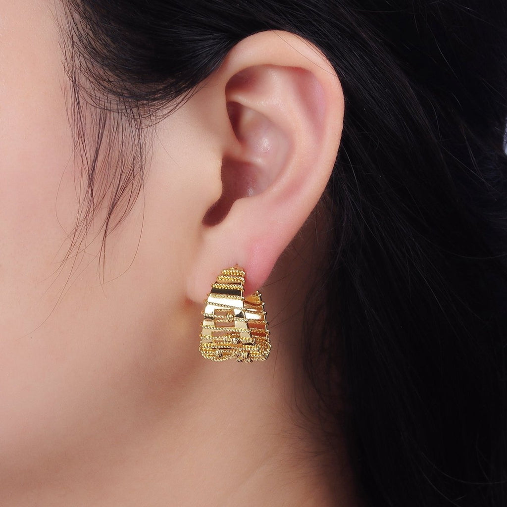 14K Gold plated Wide Twisted Bead Wire Wrapped Open C-Shaped Hoop Earrings | AE687 - DLUXCA