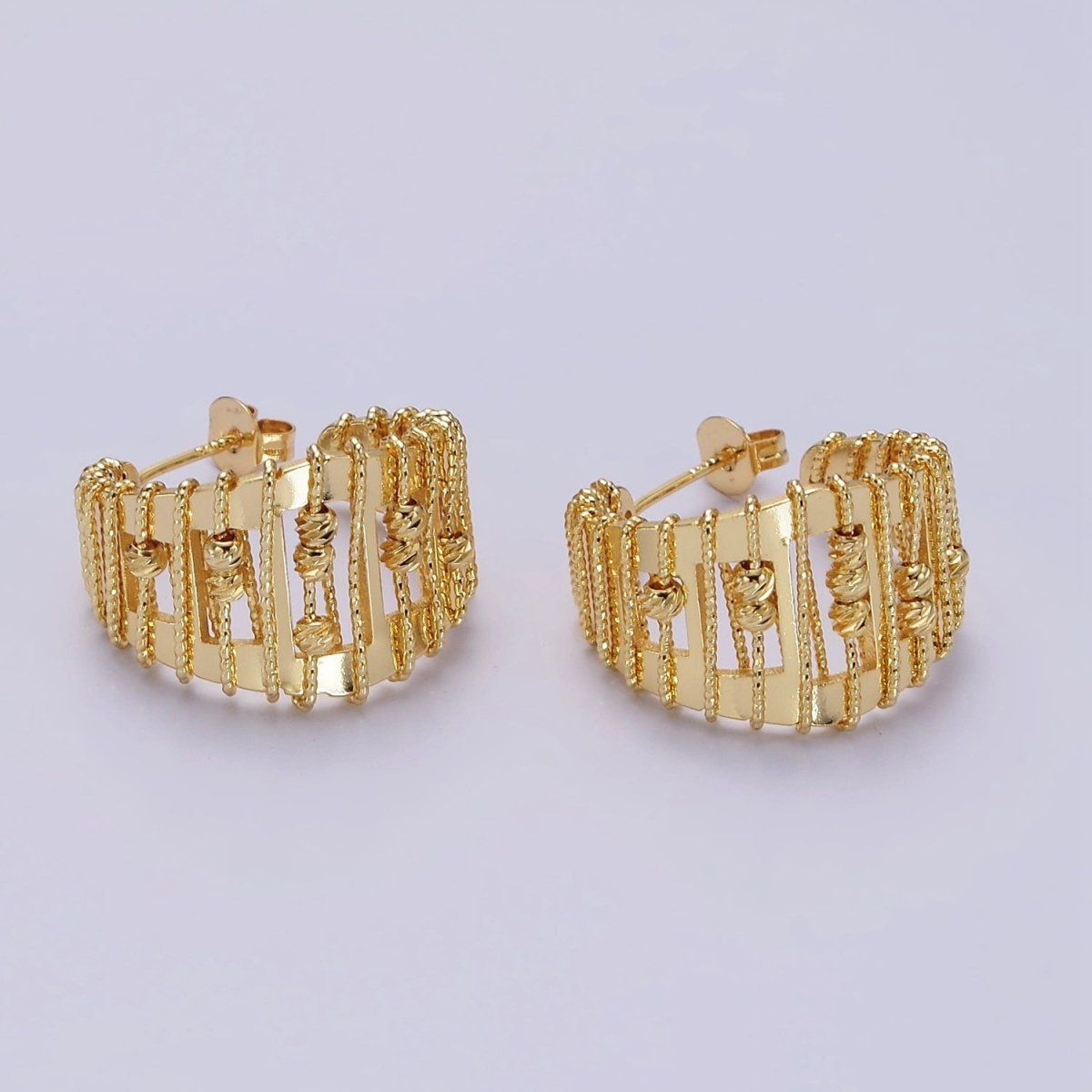 14K Gold plated Wide Twisted Bead Wire Wrapped Open C-Shaped Hoop Earrings | AE687 - DLUXCA