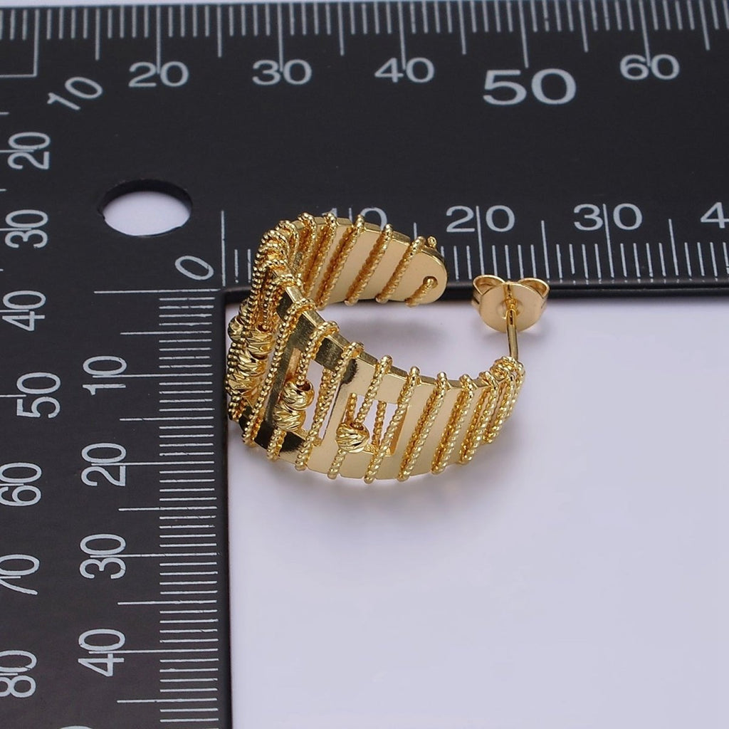 14K Gold plated Wide Twisted Bead Wire Wrapped Open C-Shaped Hoop Earrings | AE687 - DLUXCA