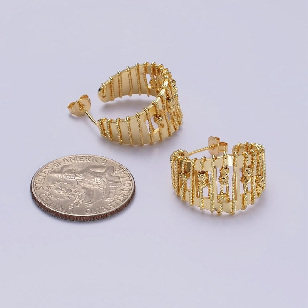 14K Gold plated Wide Twisted Bead Wire Wrapped Open C-Shaped Hoop Earrings | AE687 - DLUXCA