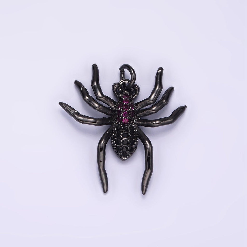 14K Gold plated Widow Spider Insect Animal Fuchsia Micro Paved CZ Charm in Black & Gold | AG383 AG384