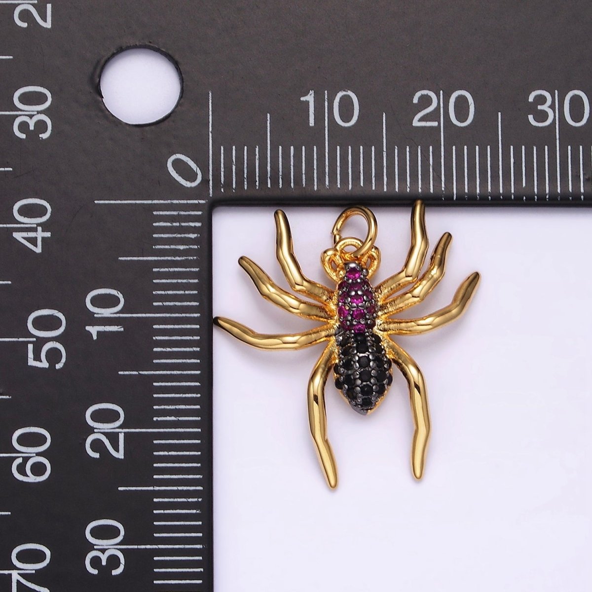 14K Gold plated Widow Spider Insect Animal Fuchsia Micro Paved CZ Charm in Black & Gold | AG383 AG384