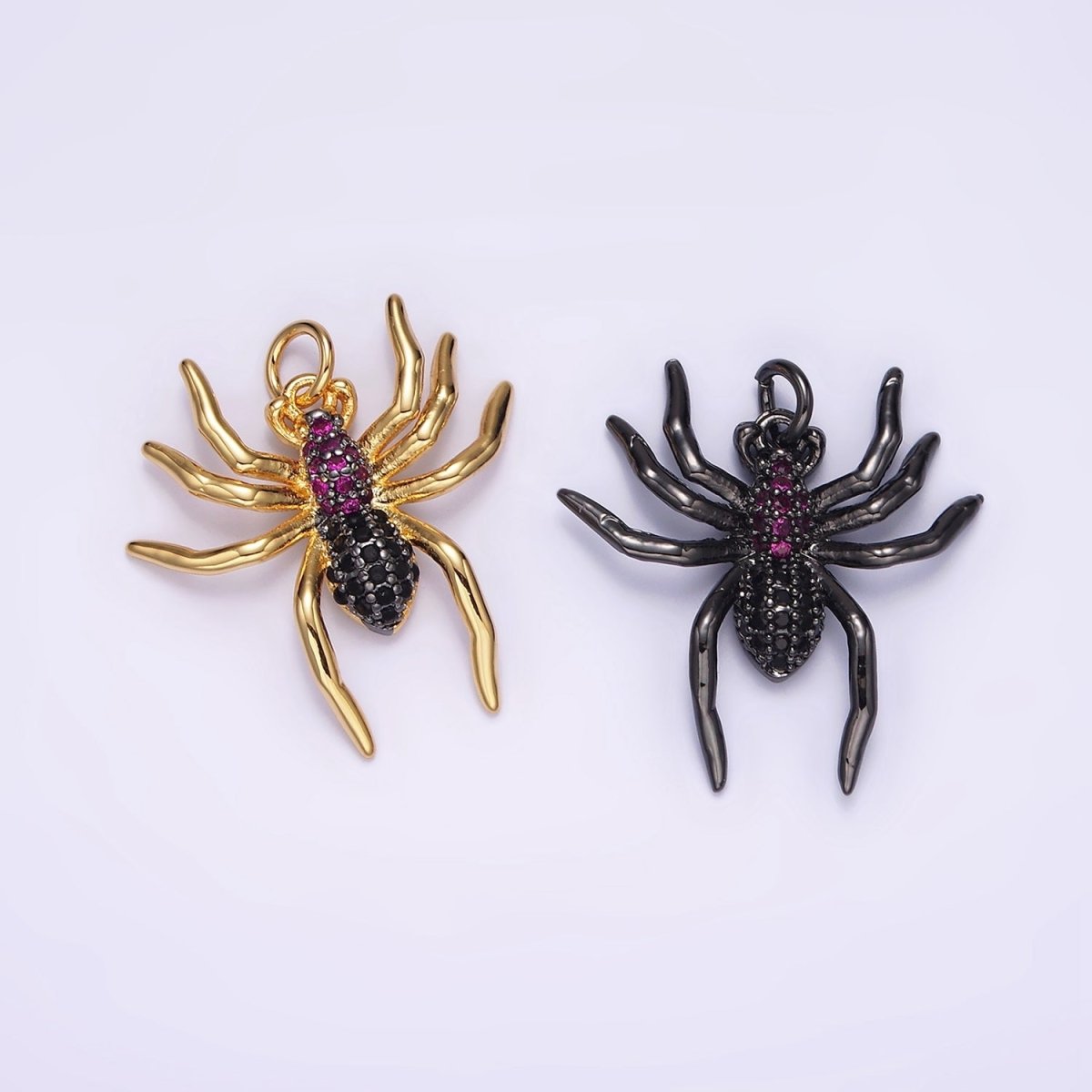 14K Gold plated Widow Spider Insect Animal Fuchsia Micro Paved CZ Charm in Black & Gold | AG383 AG384