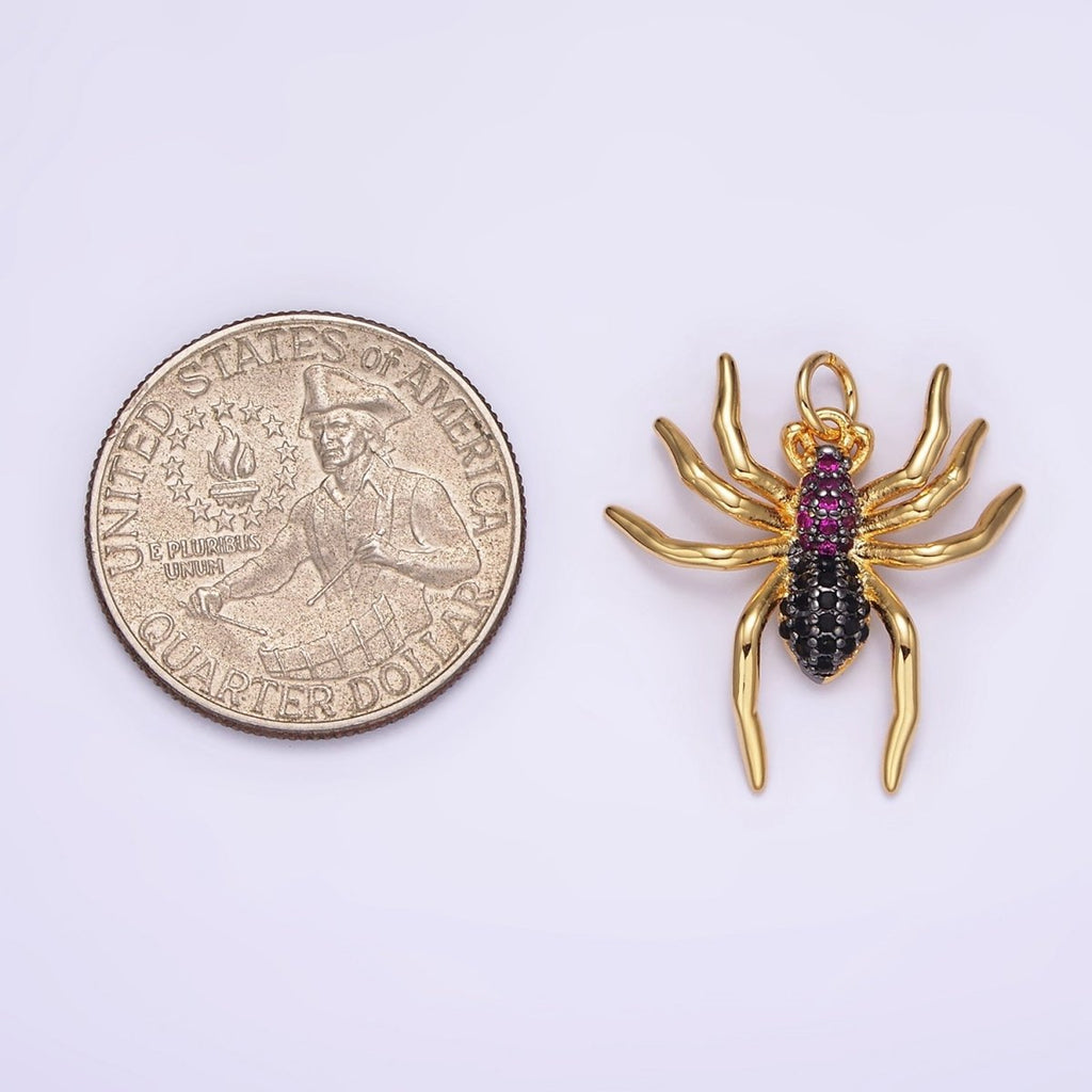 14K Gold plated Widow Spider Insect Animal Fuchsia Micro Paved CZ Charm in Black & Gold | AG383 AG384