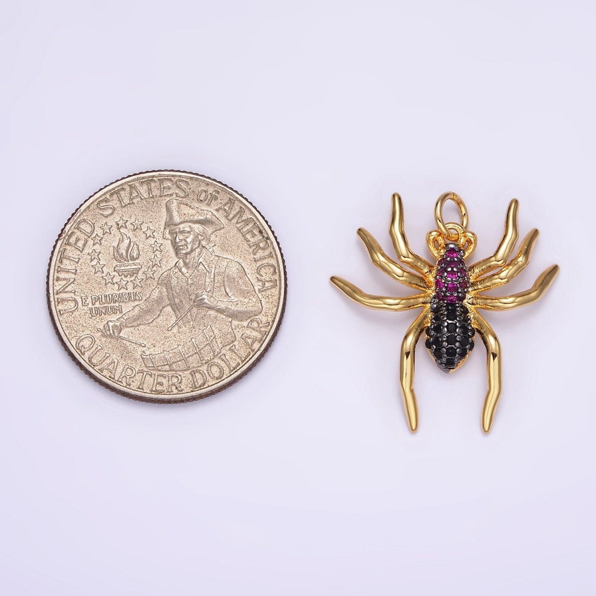14K Gold plated Widow Spider Insect Animal Fuchsia Micro Paved CZ Charm in Black & Gold | AG383 AG384