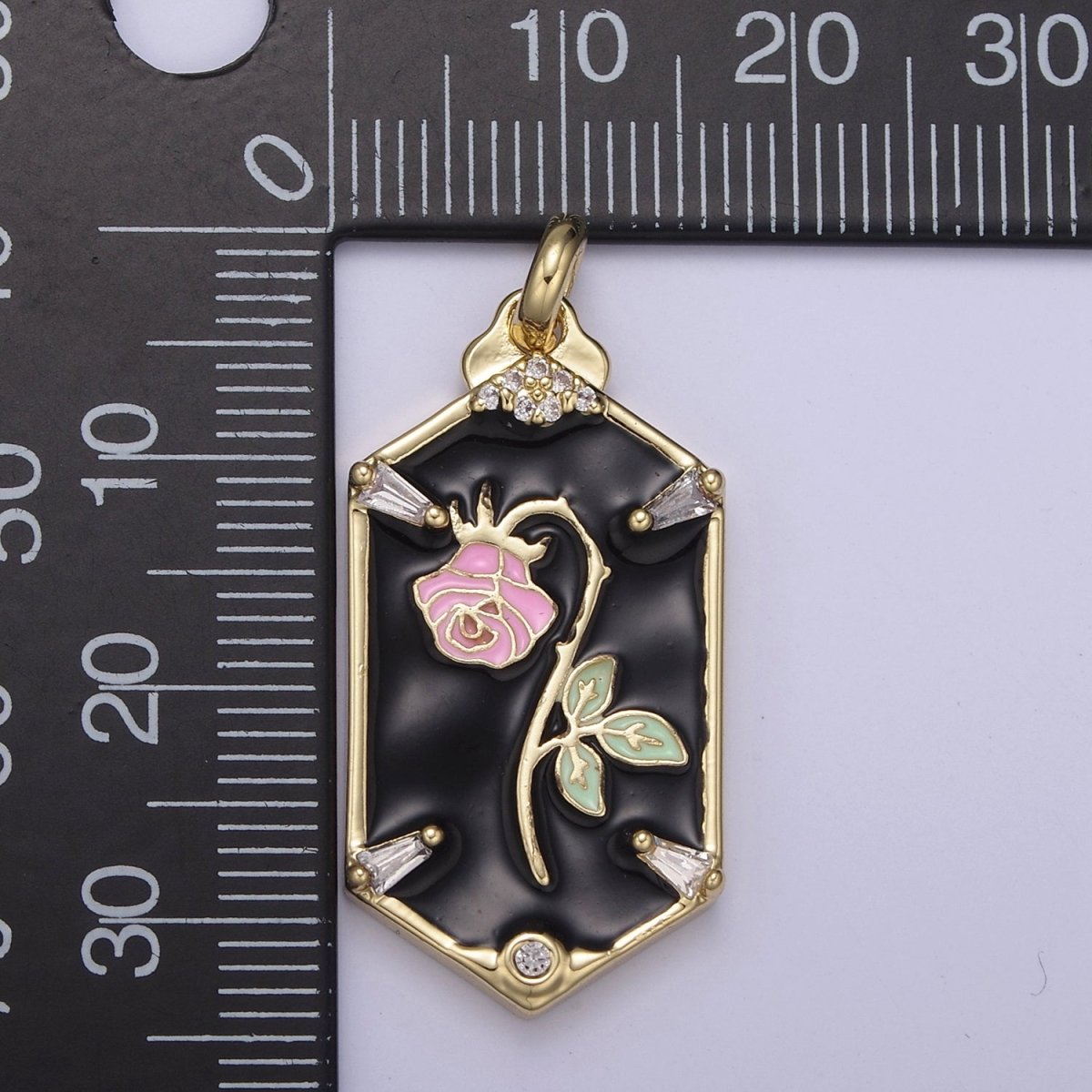 14k Gold plated Wilted Pink Rose Charm White black Enamel Flower necklace Pendant Belle Beauty and the Beast Floral Bracelet Hexagon Tag Charm N-760 N-762