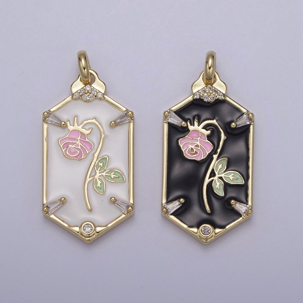 14k Gold plated Wilted Pink Rose Charm White black Enamel Flower necklace Pendant Belle Beauty and the Beast Floral Bracelet Hexagon Tag Charm N-760 N-762