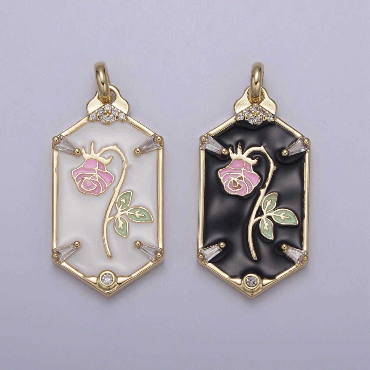 14k Gold plated Wilted Pink Rose Charm White black Enamel Flower necklace Pendant Belle Beauty and the Beast Floral Bracelet Hexagon Tag Charm N-760 N-762