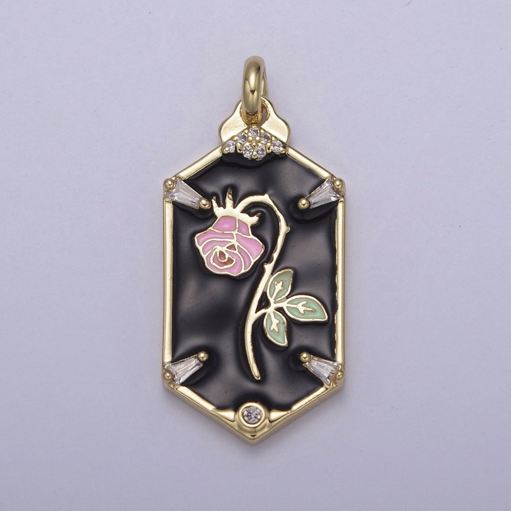 14k Gold plated Wilted Pink Rose Charm White black Enamel Flower necklace Pendant Belle Beauty and the Beast Floral Bracelet Hexagon Tag Charm N-760 N-762