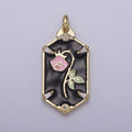 14k Gold plated Wilted Pink Rose Charm White black Enamel Flower necklace Pendant Belle Beauty and the Beast Floral Bracelet Hexagon Tag Charm N-760 N-762