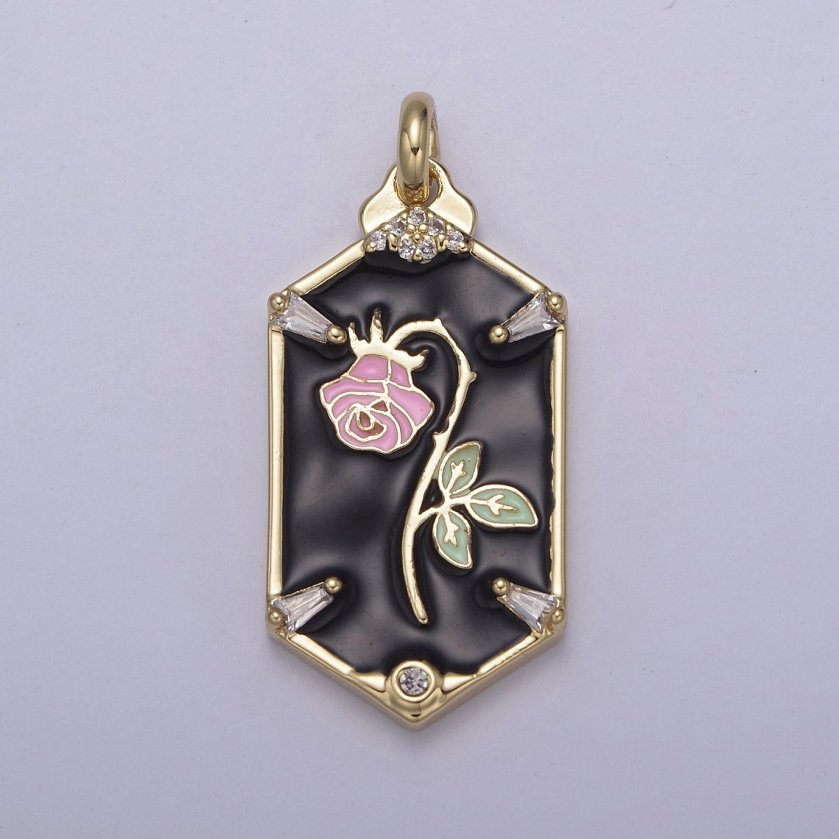 14k Gold plated Wilted Pink Rose Charm White black Enamel Flower necklace Pendant Belle Beauty and the Beast Floral Bracelet Hexagon Tag Charm N-760 N-762